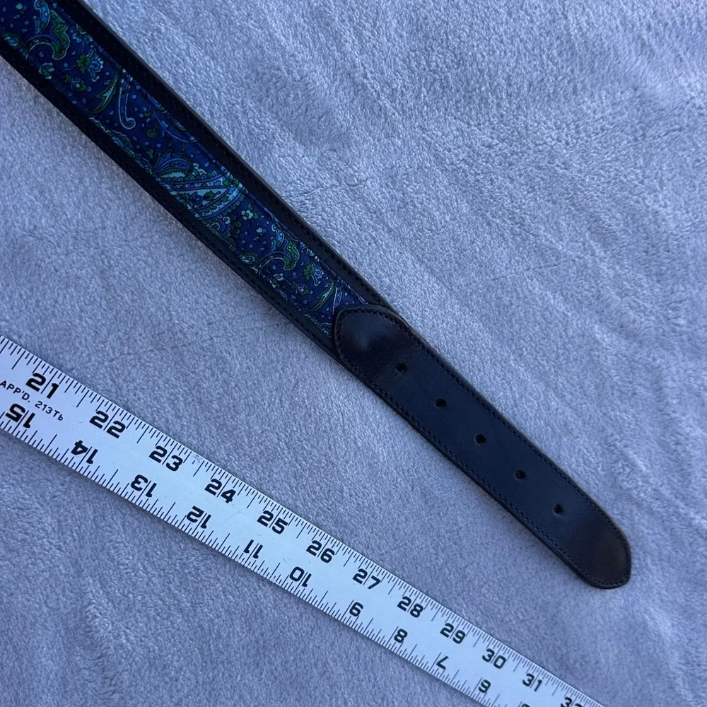 Vintage Croquet Black Leather Paisley Blue Fabric Belt Brass Buckle 36